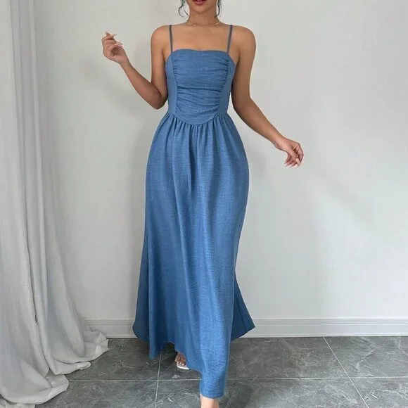 Dusty Blue Elegant Women's Solid Color Ruffle Hem Dress - Picture 4 of 6